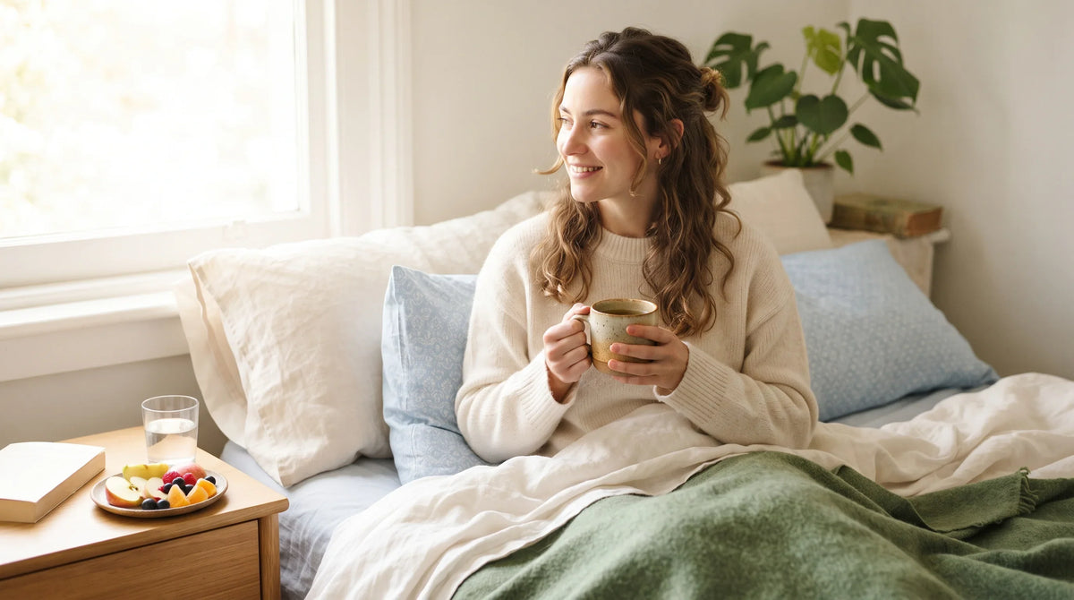 A person resting in bed with a warm drink - Natural Rhythm Nutrition