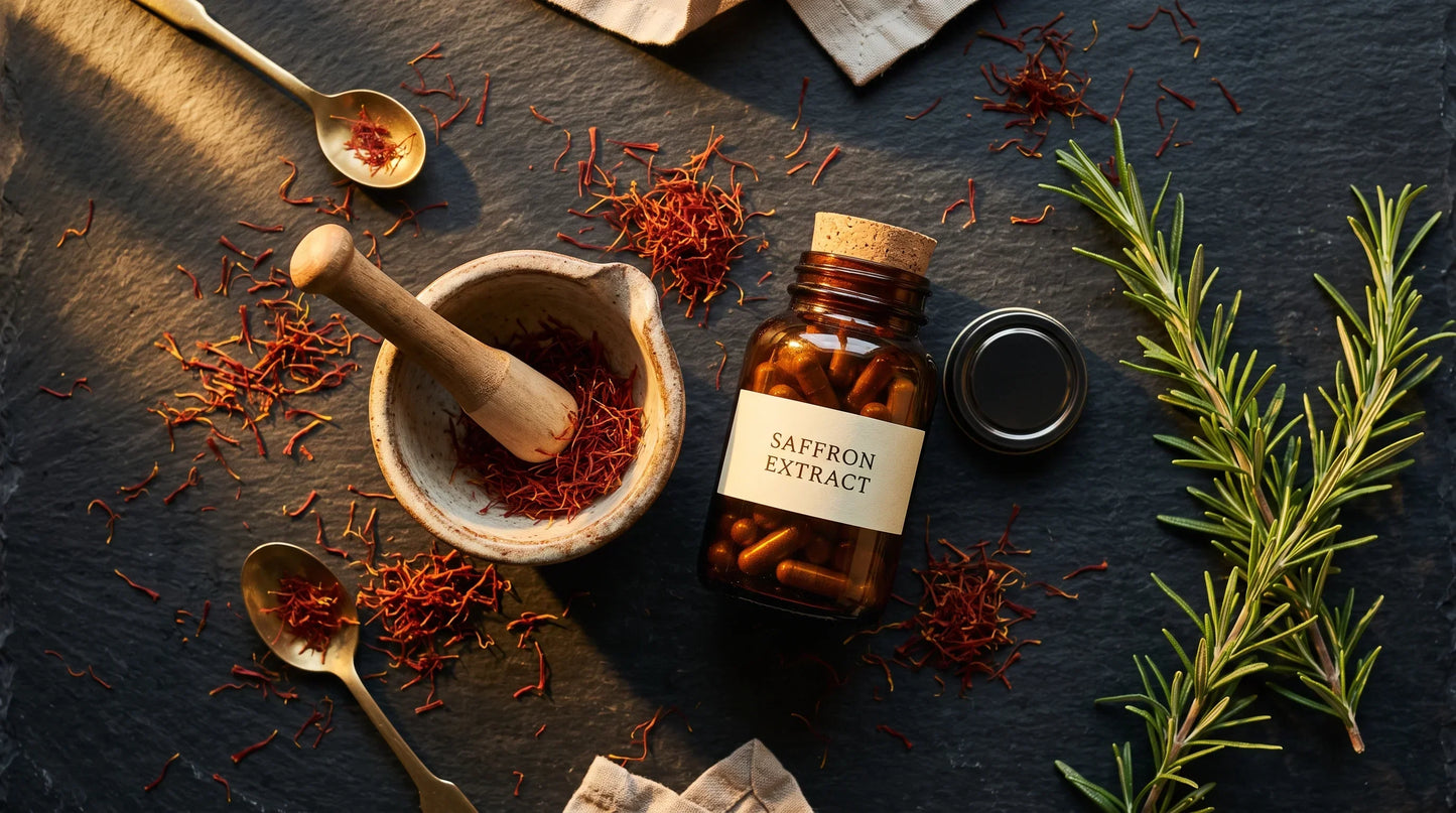 dark-slate stone surface scattered artfully with deep red-gold saffron threads - Natural Rhythm Nutrition