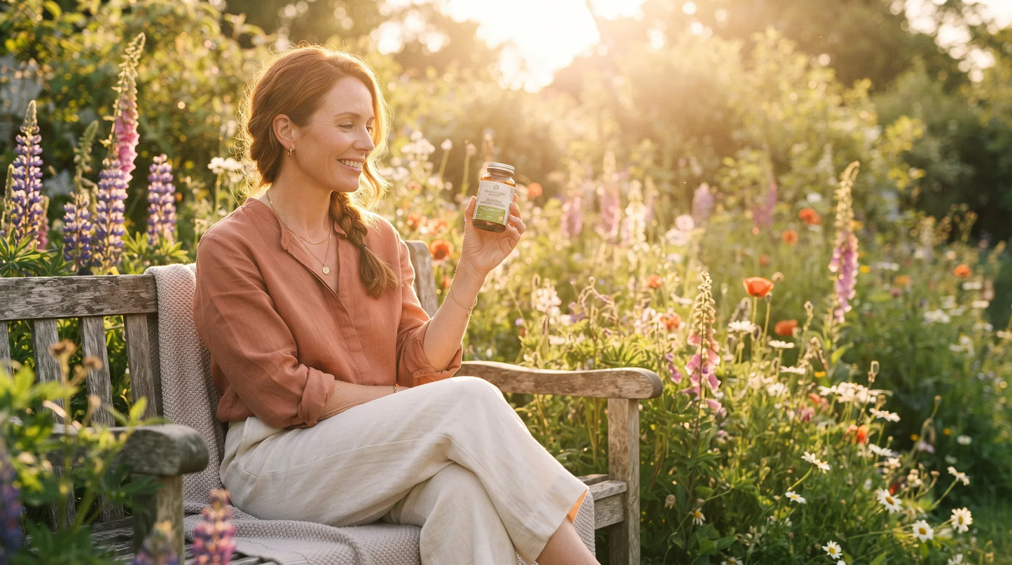 woman in her early 40s with warm peach complexion and auburn hair in a loose braid - Natural Rhythm Nutrition