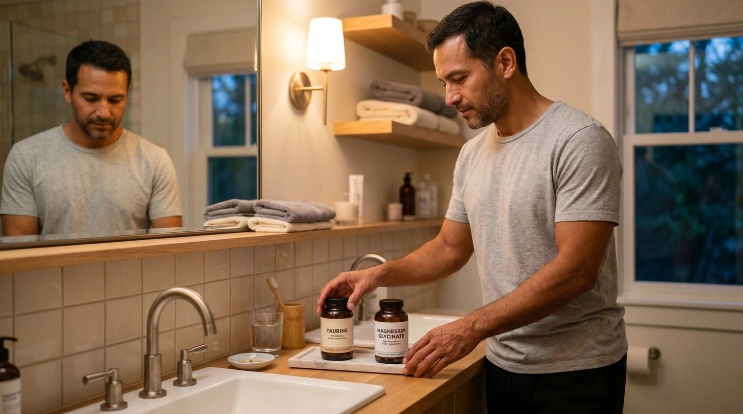 man in his early 40s with warm tan complexion wearing a heather-grey relaxed t-shirt and black lounge trousers — Natural Rhythm Nutrition