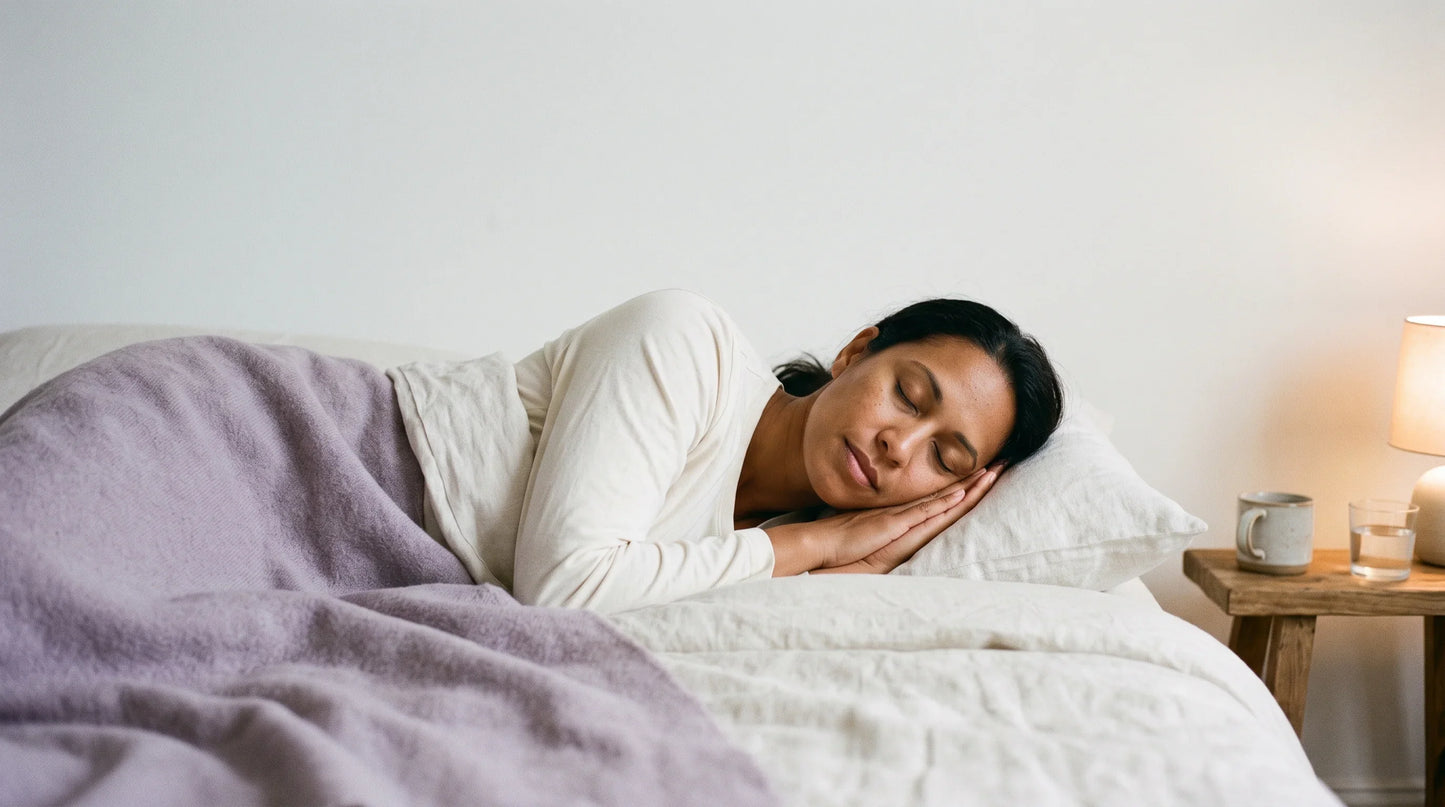woman in her late 30s with warm caramel skin tone wearing a soft ivory cotton sleep shirt - Natural Rhythm Nutrition