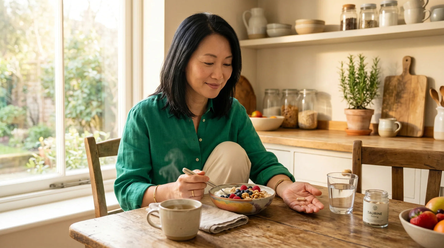woman in her early 50s with warm East Asian features and shoulder-length black hair wearing a rich jade-green linen blou — Natural Rhythm Nutrition
