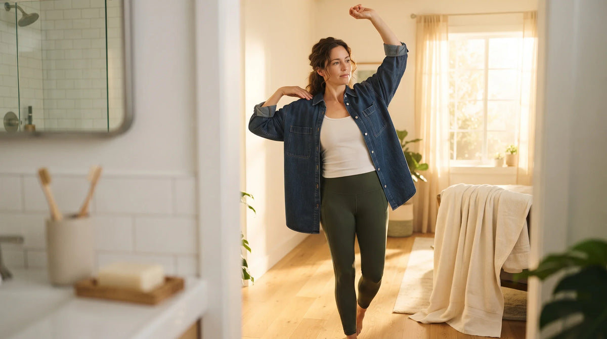An adult stretching after a shower in a bright calm room - Natural Rhythm Nutrition