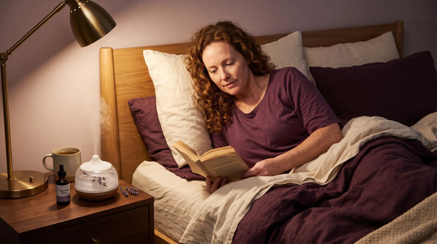 woman in her mid-40s with fair freckled complexion and auburn curly hair loose on a pillow - Natural Rhythm Nutrition