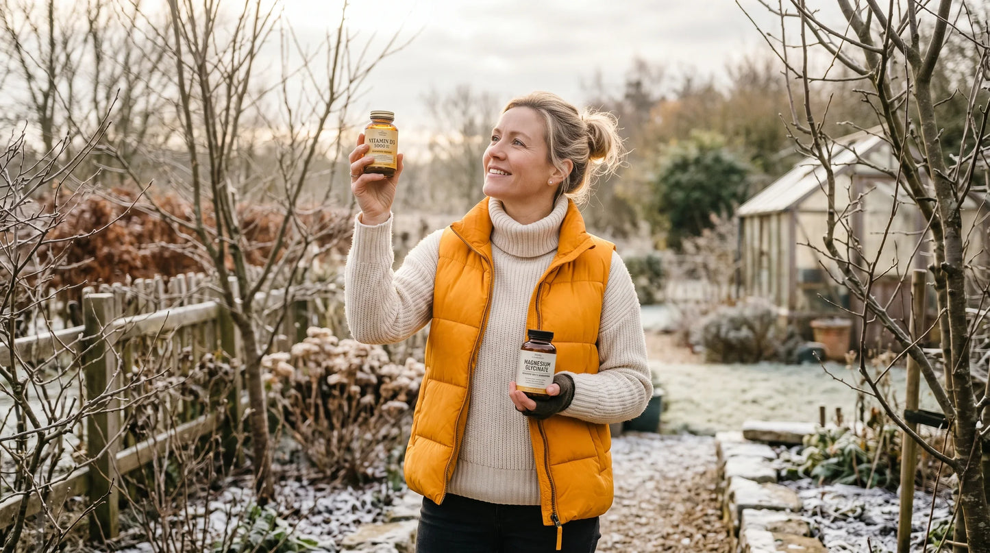 woman in her early 40s with light Northern-European complexion and blonde hair pulled back wearing a bright amber puffer — Natural Rhythm Nutrition