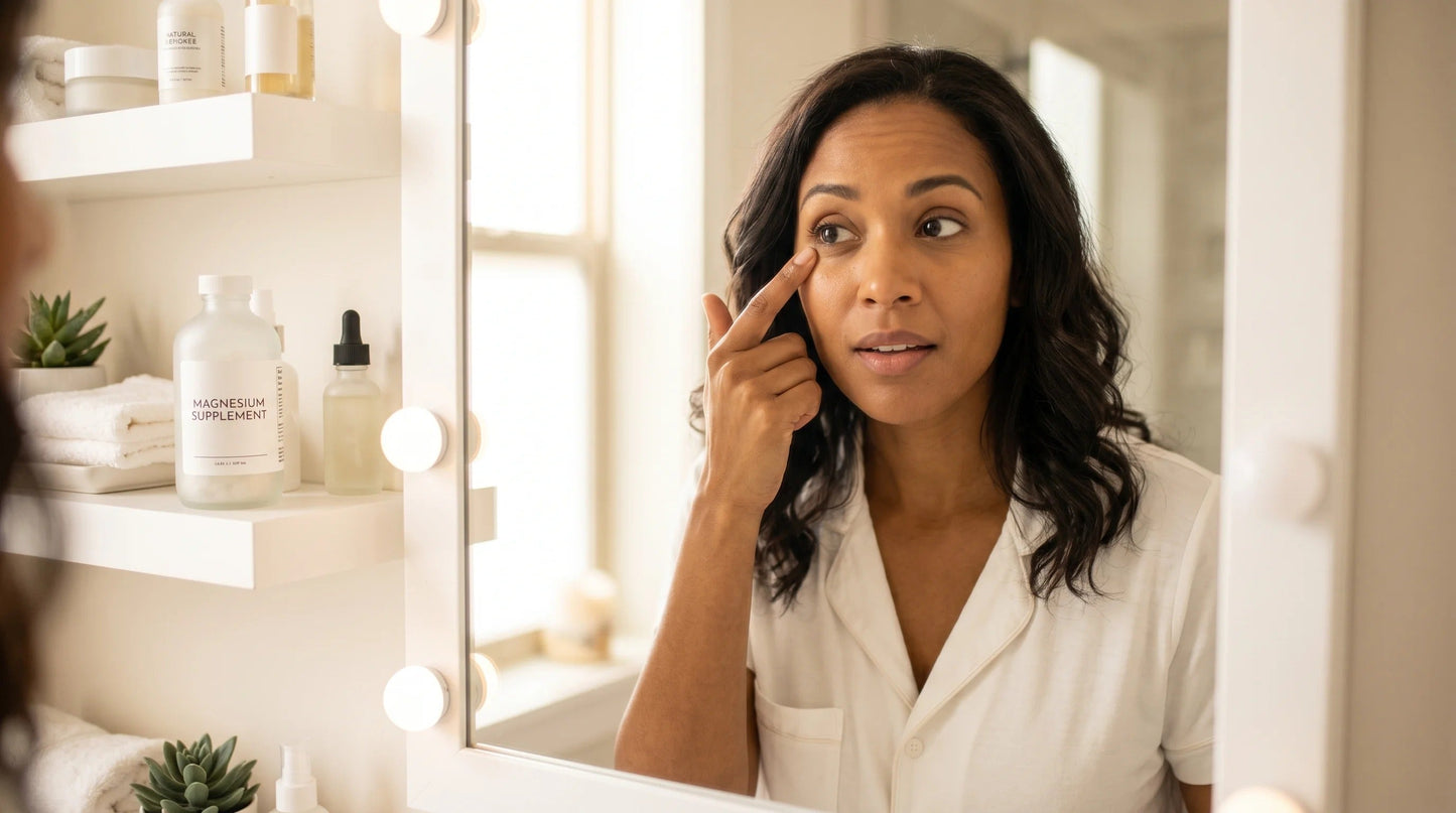 woman in her mid-30s with warm brown complexion wearing a clean white cotton sleep top — Natural Rhythm Nutrition