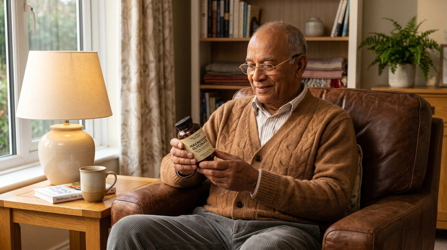 older man in his mid-70s with warm tawny complexion wearing a soft caramel-brown cable-knit cardigan and relaxed grey tr — Natural Rhythm Nutrition