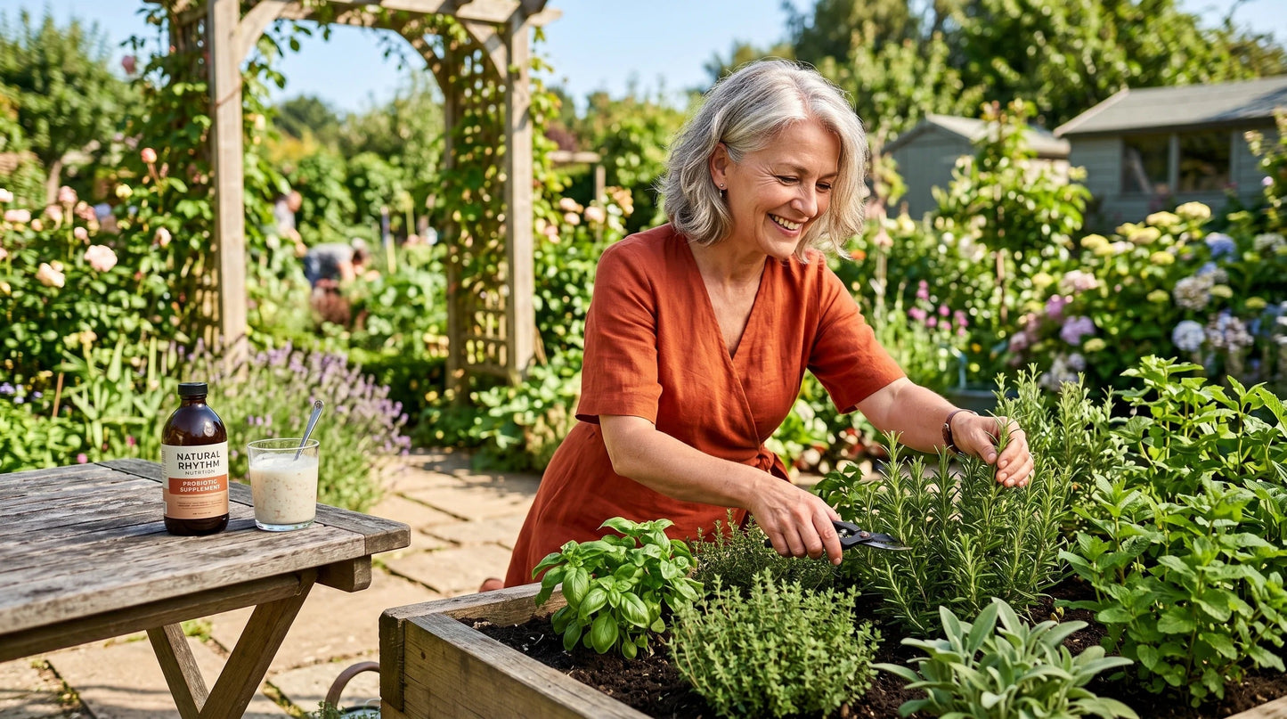 woman in her mid-50s with warm light complexion and silver-streaked hair wearing a rich terracotta wrap dress — Natural Rhythm Nutrition